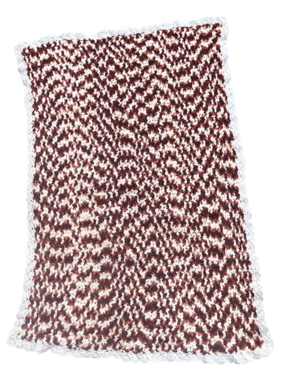Vintage Hand-Crocheted Acrylic Throw Blanket Brown/White Pattern Rectangular